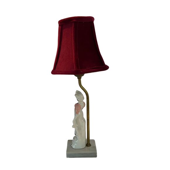 VTG Porcelain Figurine Table Lamp w/ Velvet Shade Brass Pole Marble Base 17.5” - Picture 2 of 11
